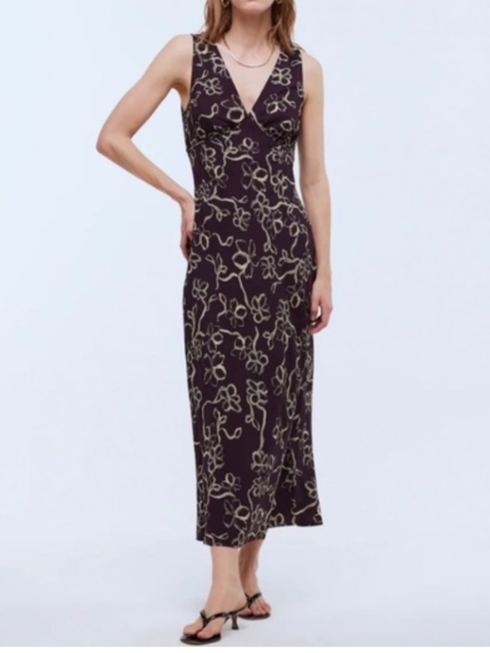 Madewell Ariana Dress Slip Midi Dress Sleeveless V- Neck Deep Plum Print Sz 14